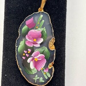 Hand-Painted Floral Pendant with Gold Accents